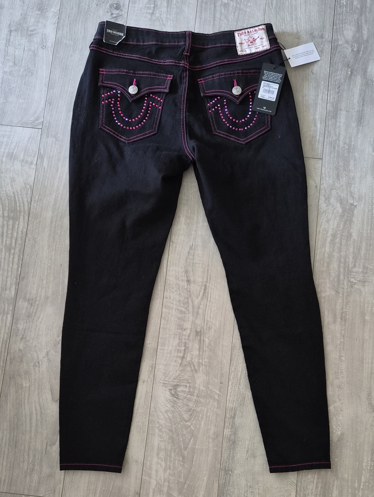Y2k True Religion Black Skinny Jeans Bedazzled Pink Accents 30